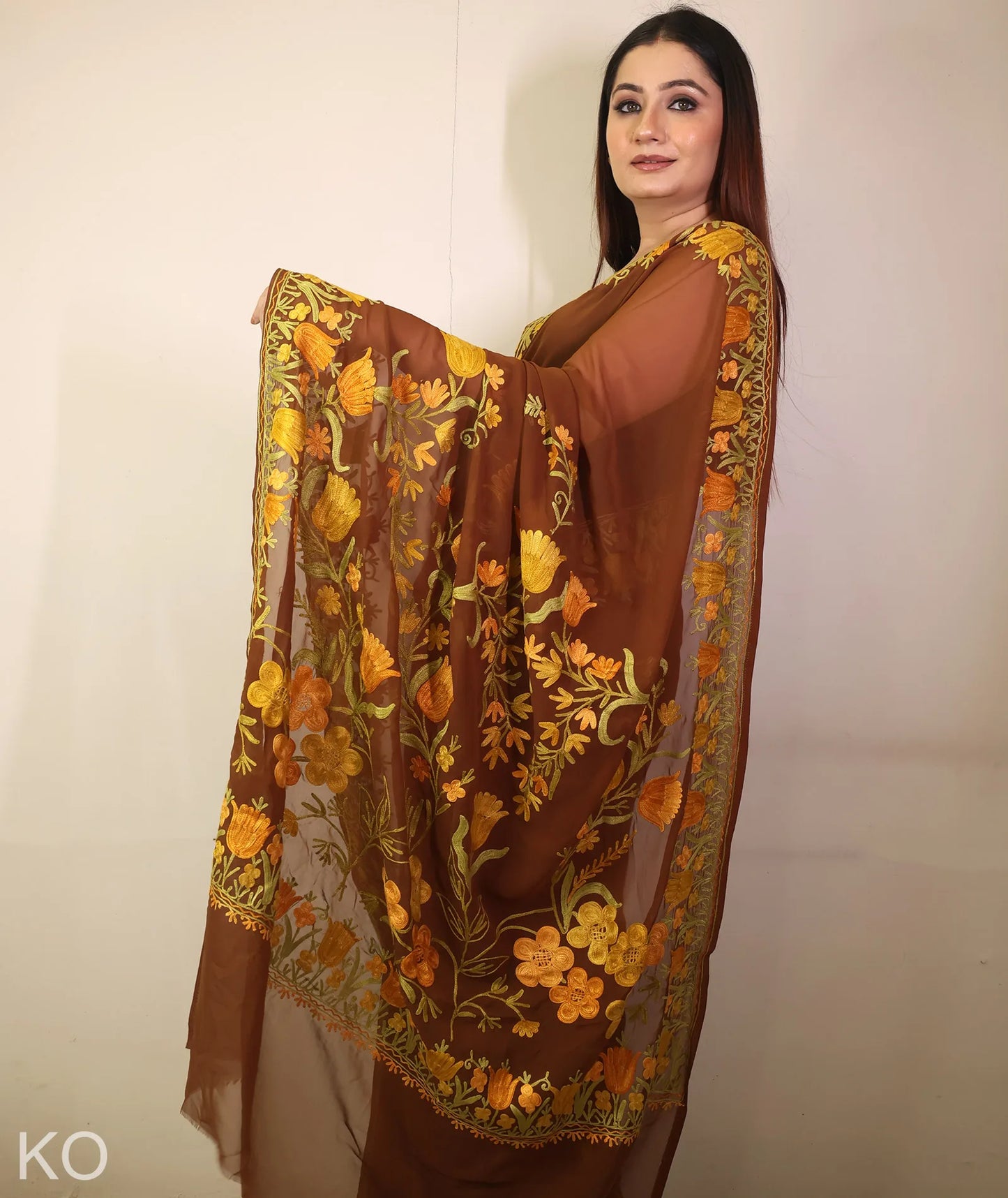 Tulip Design Embroidered Brown Georgette Saree