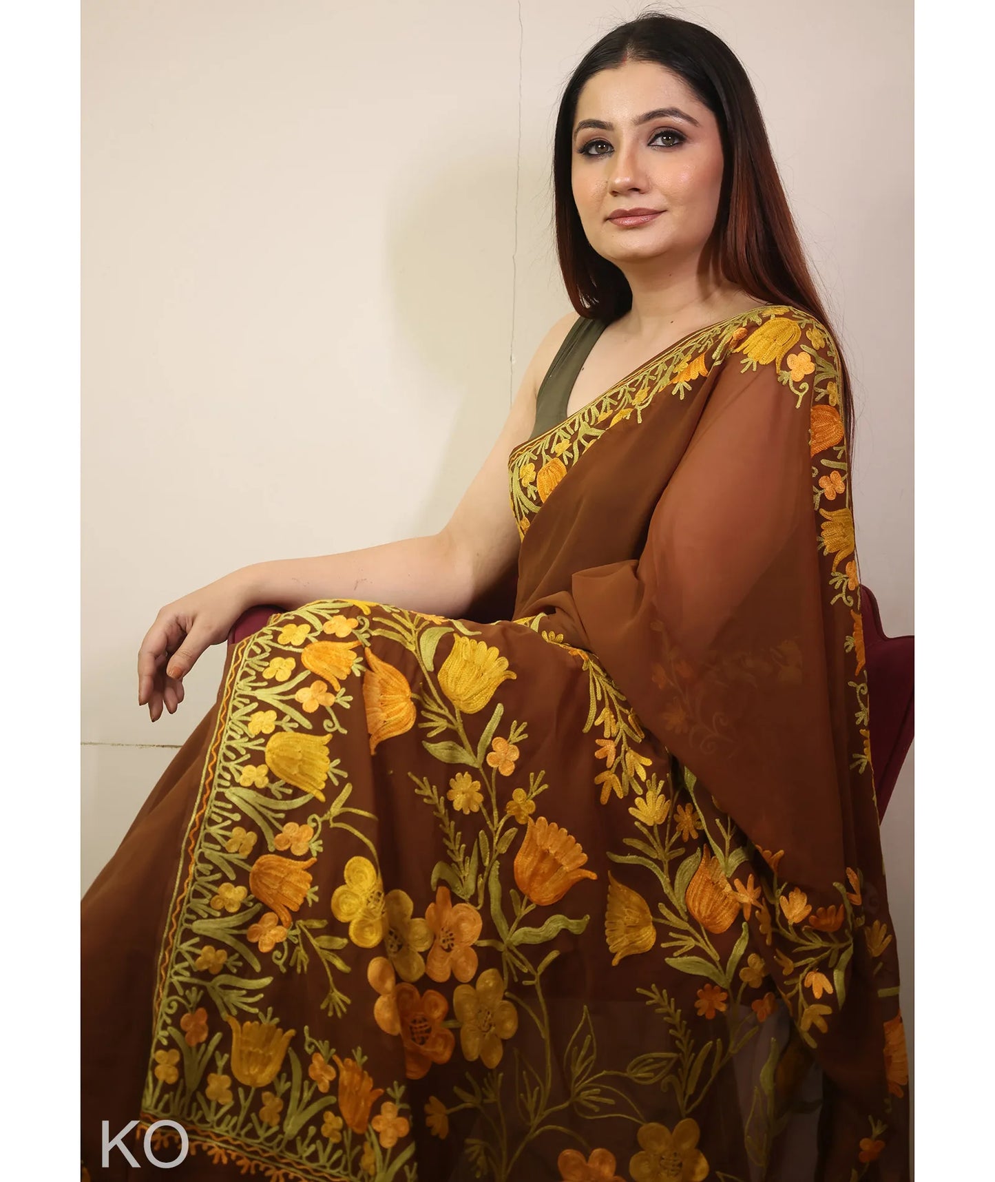 Tulip Design Embroidered Brown Georgette Saree