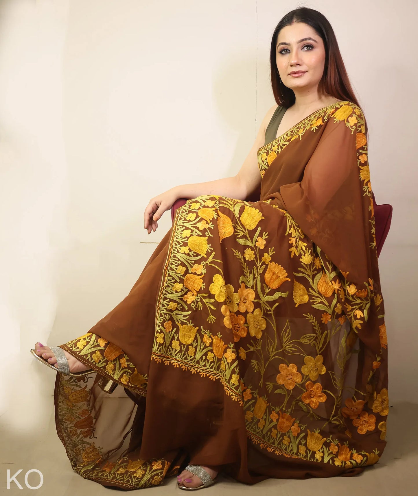 Tulip Design Embroidered Brown Georgette Saree