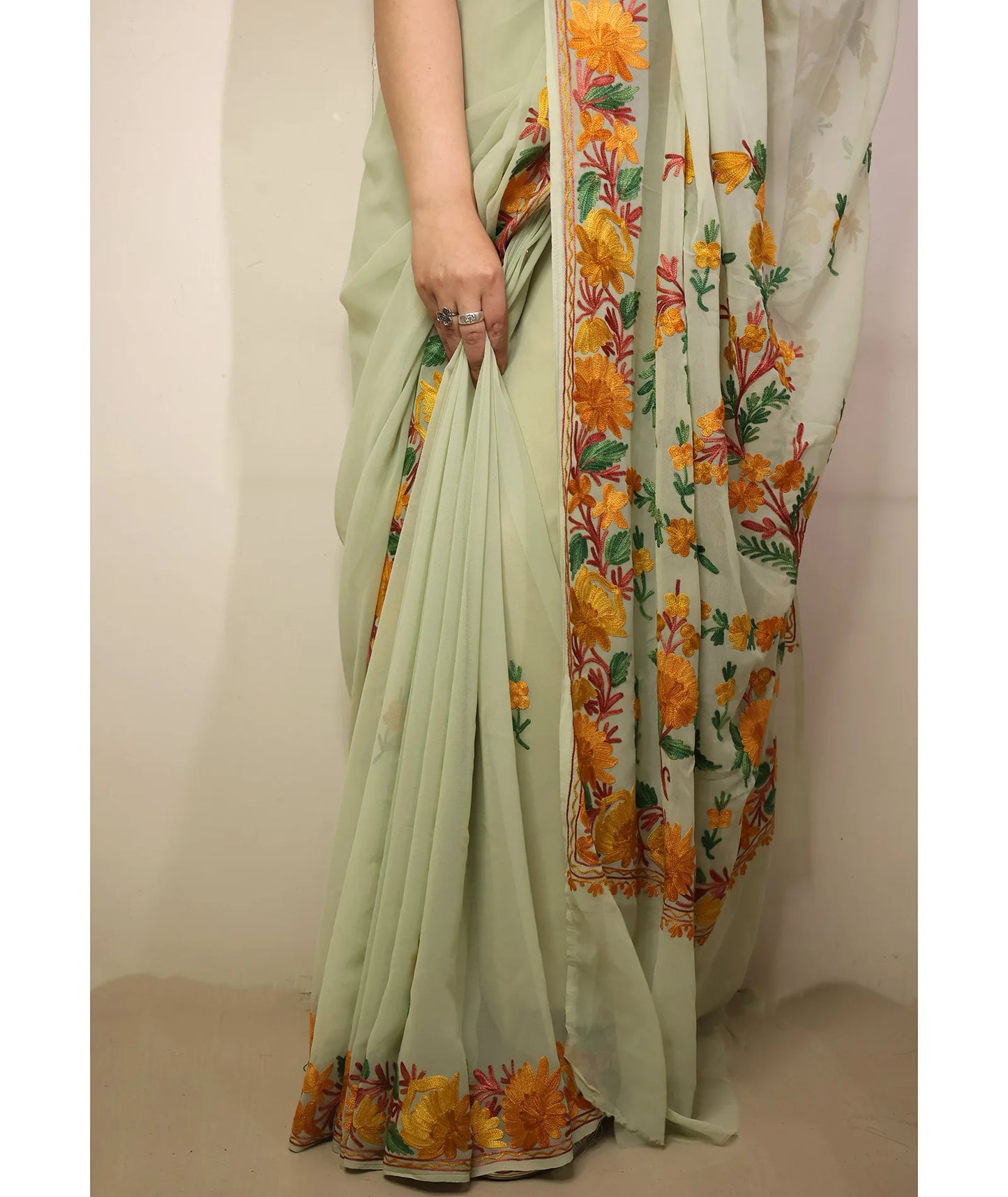 Light Olive Green Shade Embroidered Georgette Saree