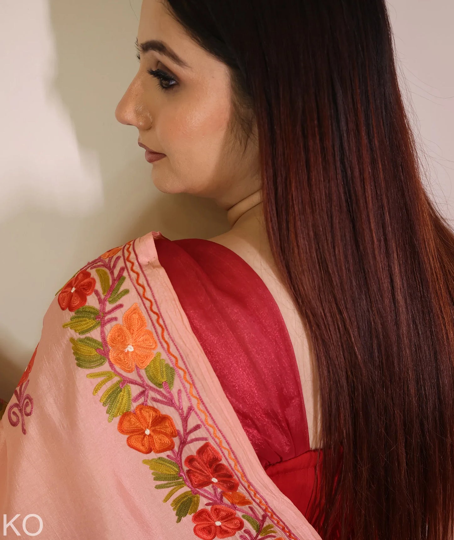 Peach Embroidered Crape Saree