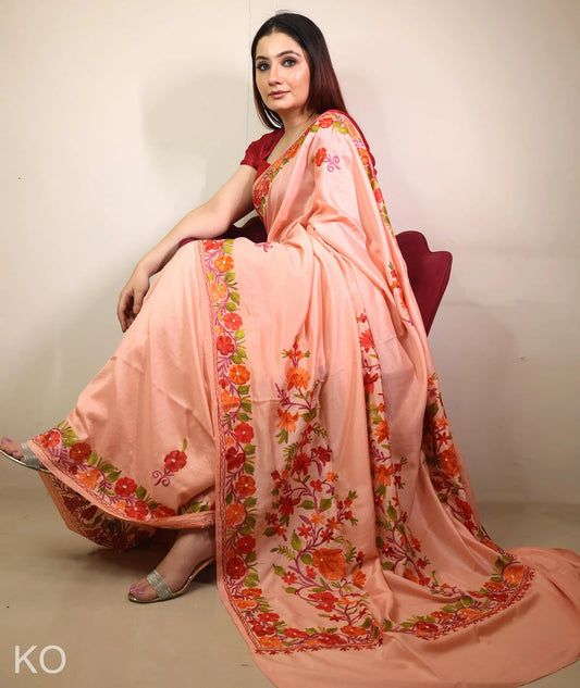 Peach Embroidered Crape Saree