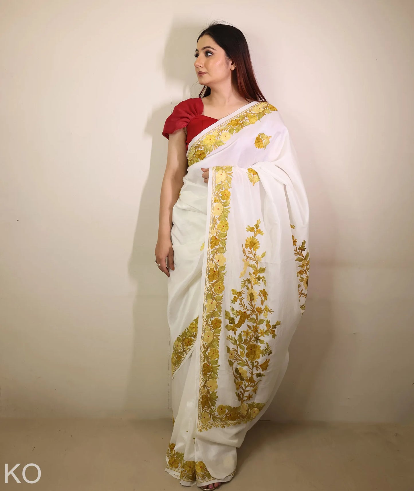 White Embroidered Crape Saree