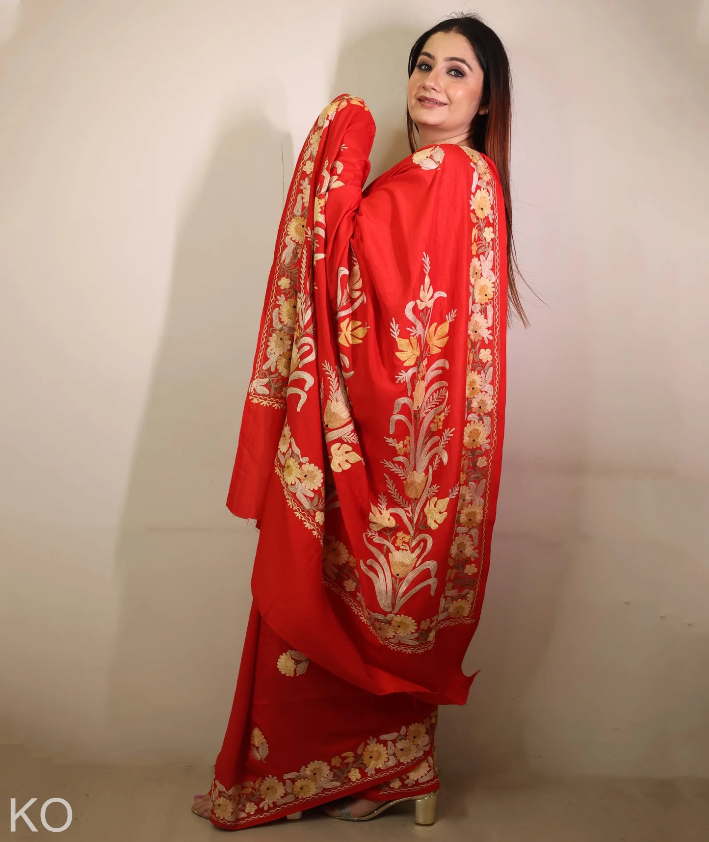 Red Embroidered Crape Saree