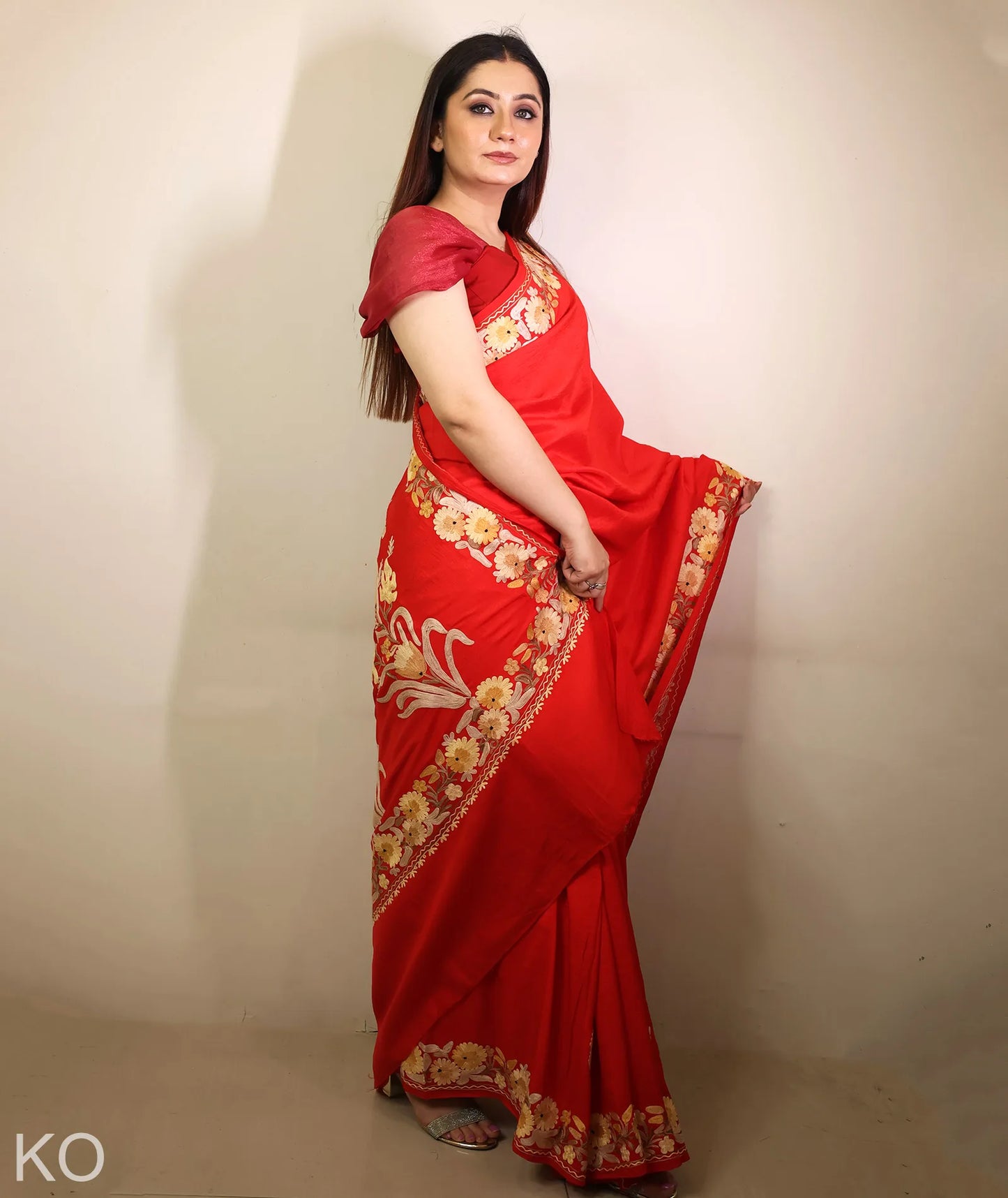 Red Embroidered Crape Saree