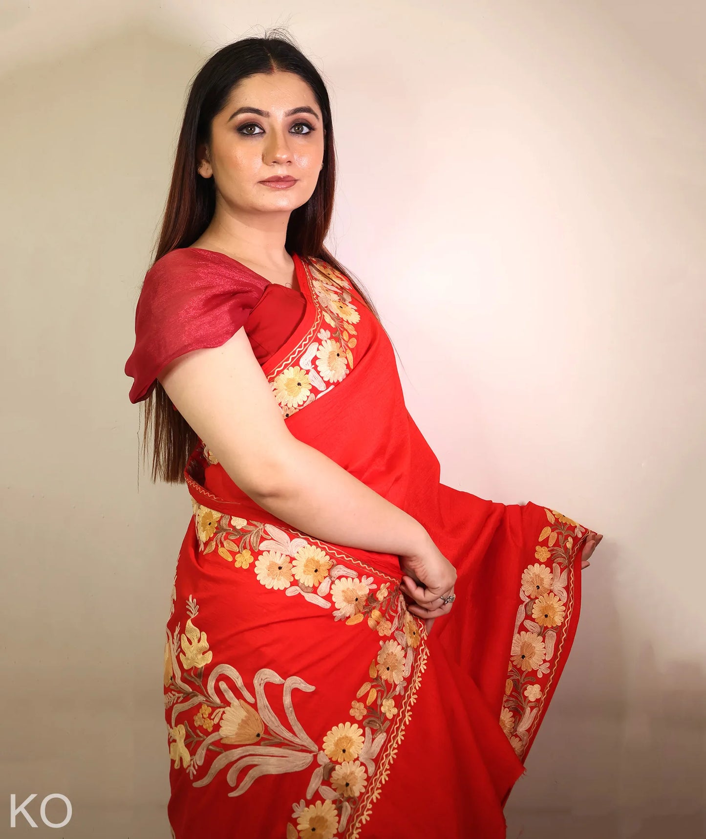 Red Embroidered Crape Saree