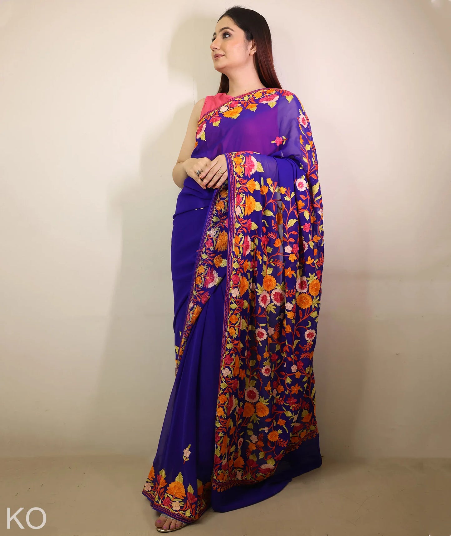 Blue Multicolour  Aari Embroidered Georgette Saree