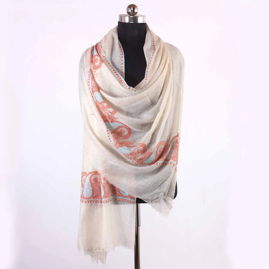 white Badam Paldar Sozni Embroidered Cashmere Pashmina Shawl