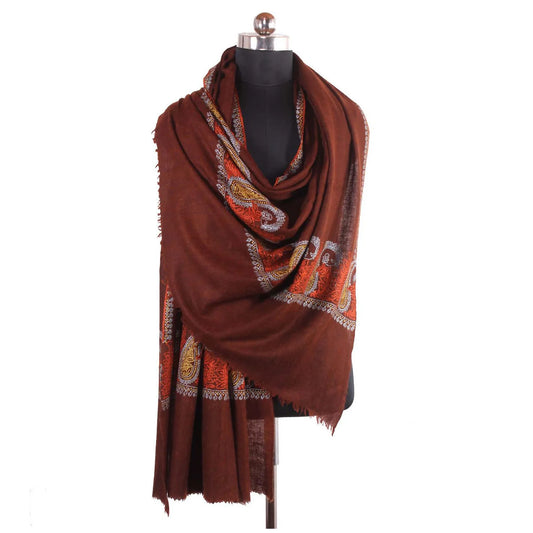 Brown Badam Paldar Sozni Embroidered Cashmere Pashmina Shawl