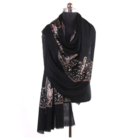 Black Paldar Sozni Embroidered Cashmere Pashmina Shawl