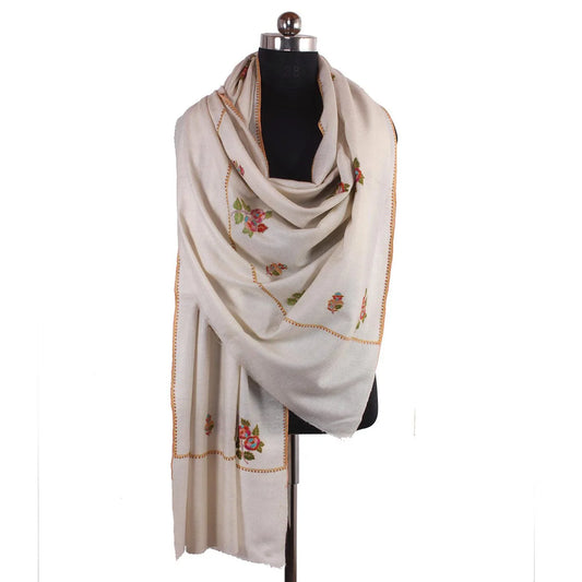 White Bootidar Sozni Embroidered Cashmere Pashmina Shawl