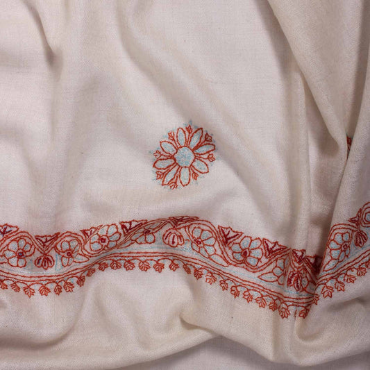 White bootidar  Sozni Embroidered Cashmere Pashmina Stole