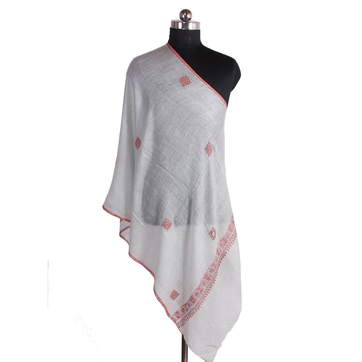 White bootidar  Sozni Embroidered Cashmere Pashmina Stole