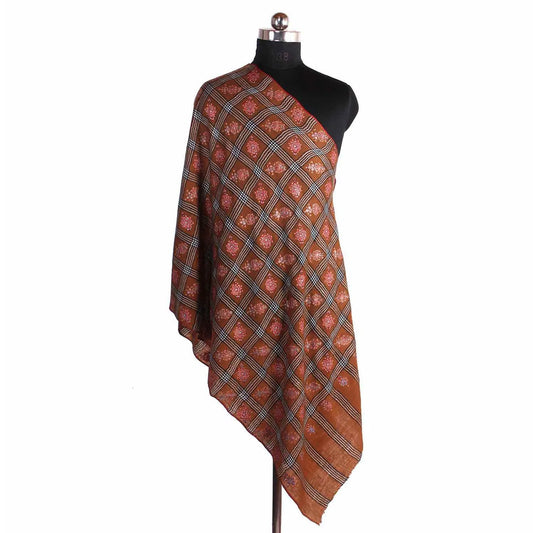 Brown Sozni Embroidred Check Cashmere Pashmina Stole