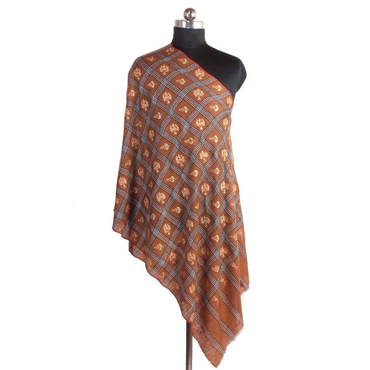 Light Brown Sozni Embroidred Check Cashmere Pashmina Stole