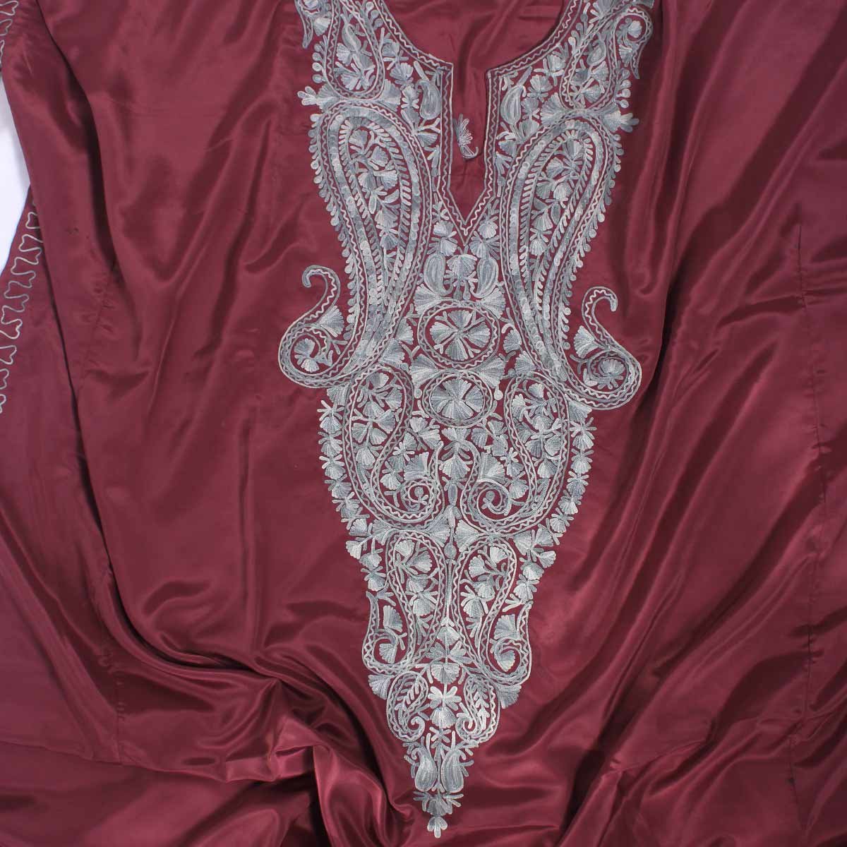 Maroon Aari Embroidered Silk Kaftan