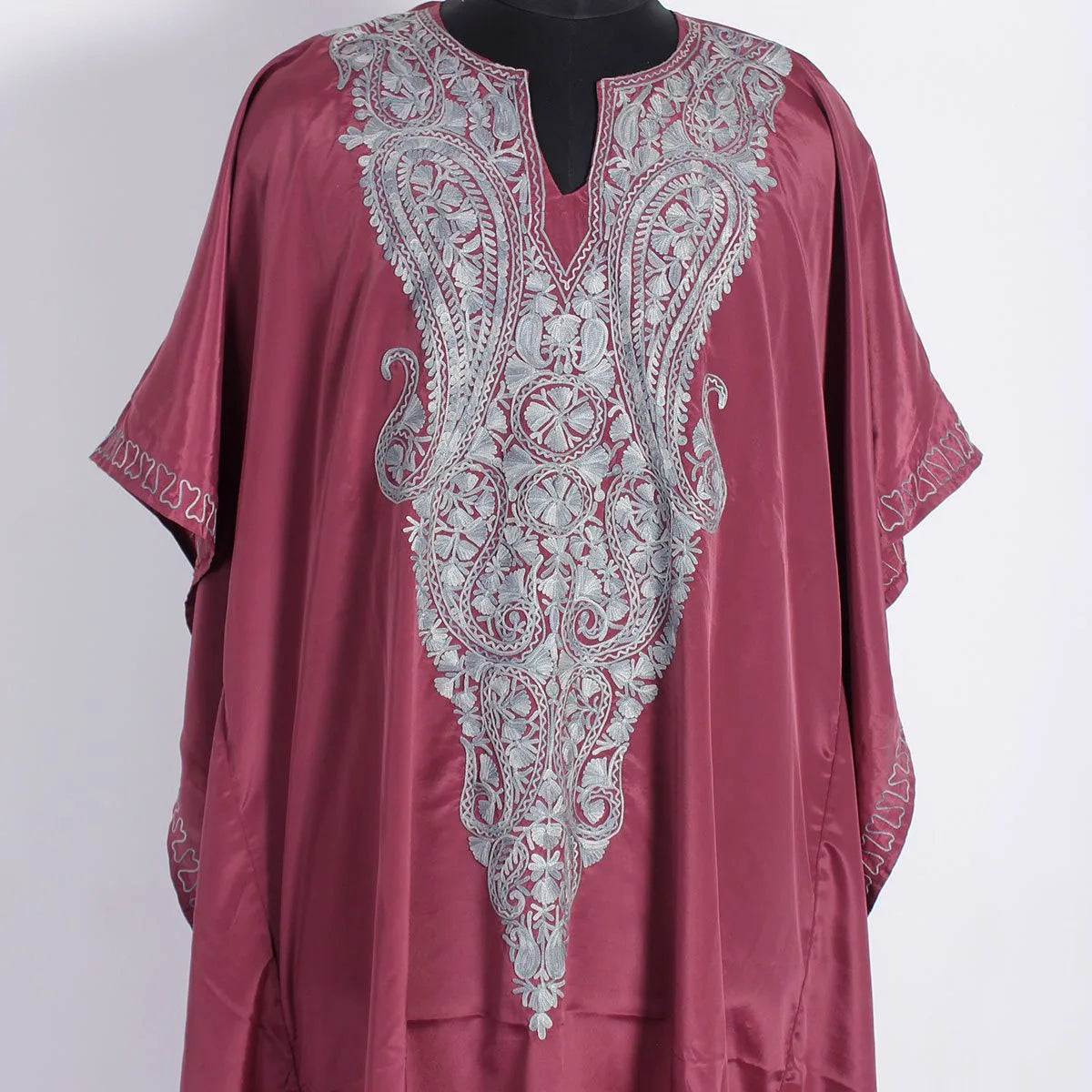 Maroon Aari Embroidered Silk Kaftan