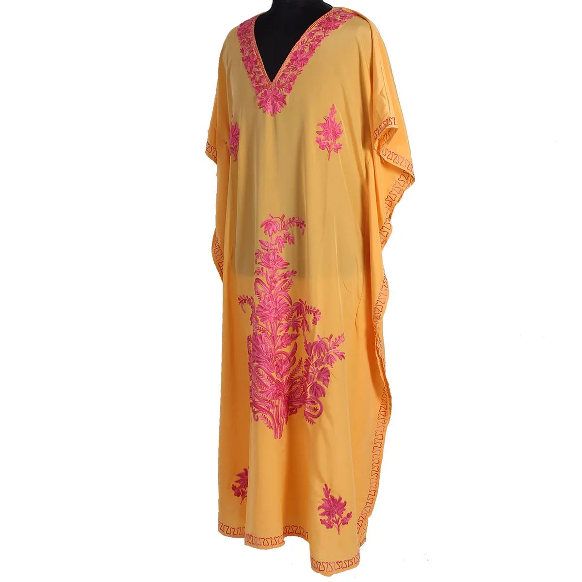 Yellow Aari Embroidered Silk Kaftan