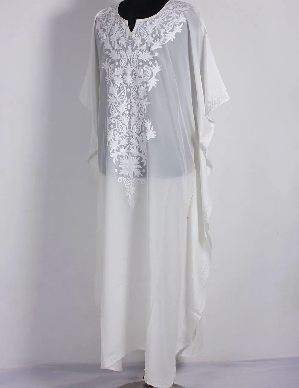 White Aari Embroidered Silk Kaftan