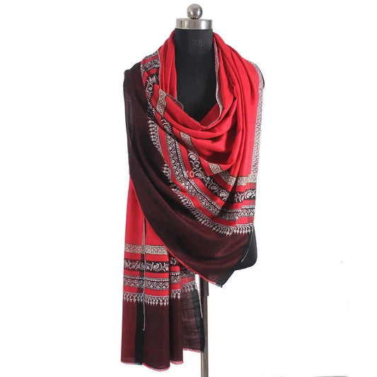 Red and brown Dordaar sozni Embroidered Toosha Shawl