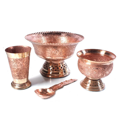 Gold Hued Thal Bane Set | Bowl Set with spoon | Hand Engraved