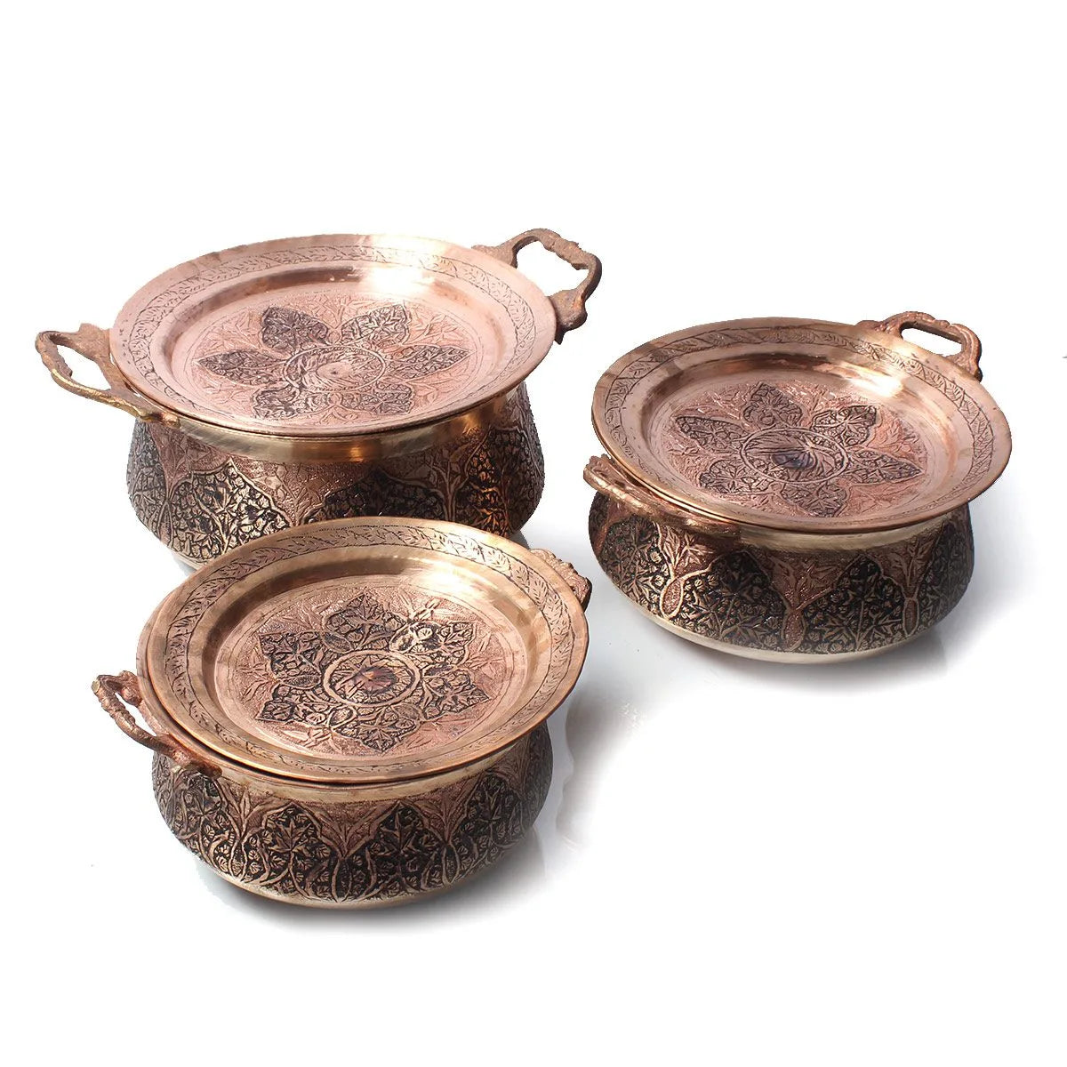 Kandkaer Copper Handi Set With Lid | Set of 3 | Hand Engraved