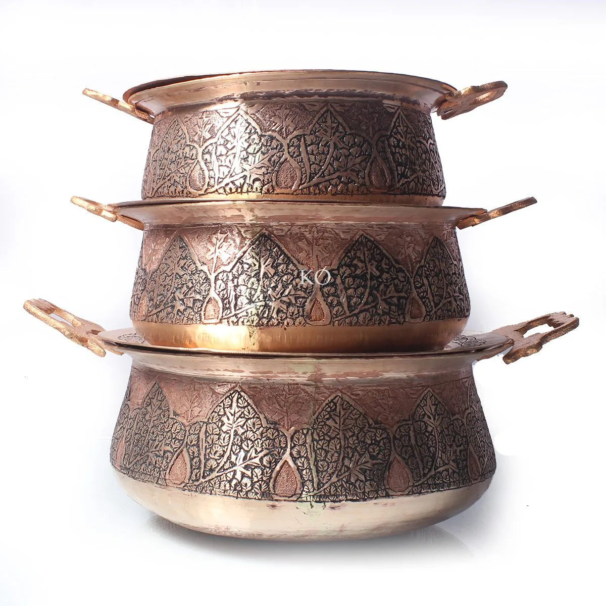 Kandkaer Copper Handi Set With Lid | Set of 3 | Hand Engraved | Big Size