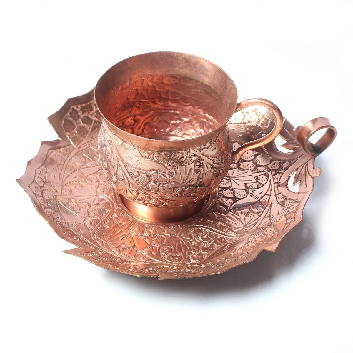 Chinar Copper Tea Cup Set With Leaf Saucer | Hand Engraved