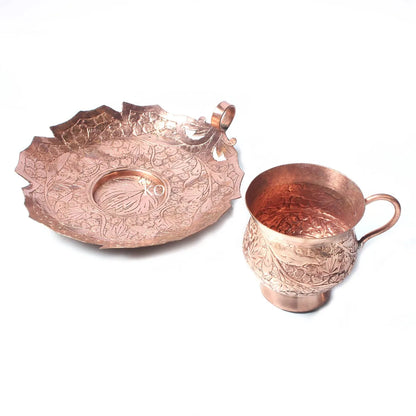 Chinar Copper Tea Cup Set With Leaf Saucer | Hand Engraved