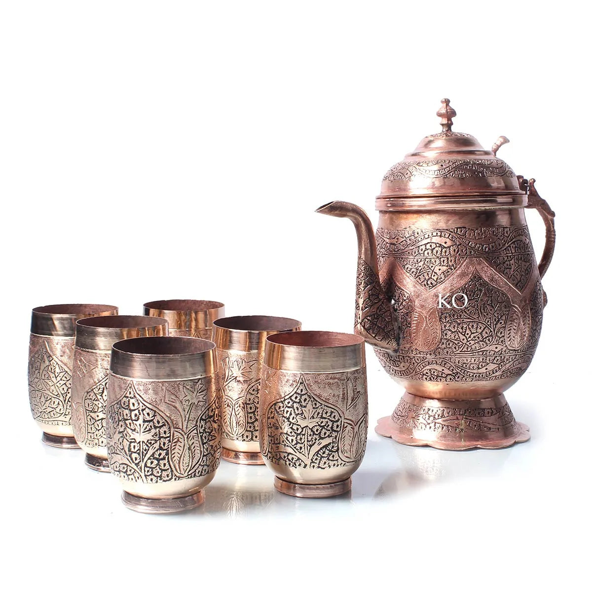 Kandkaer Copper Jug Set | Set of 6 Glasses | Hand Engraved