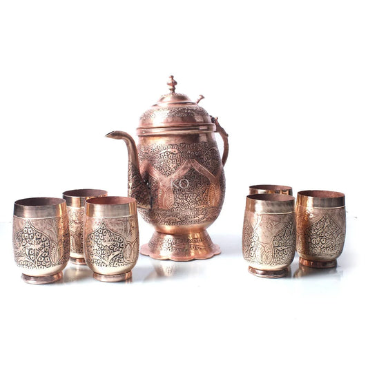 Kandkaer Copper Jug Set | Set of 6 Glasses | Hand Engraved