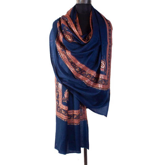 Prussian Blue Tilla & Sozni Embroidered Toosha Shawl