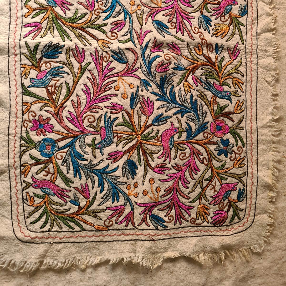 BIRDS ON TREE OF LIFE HANDMADE AARI EMBROIDERED NAMDA 6X4 FT