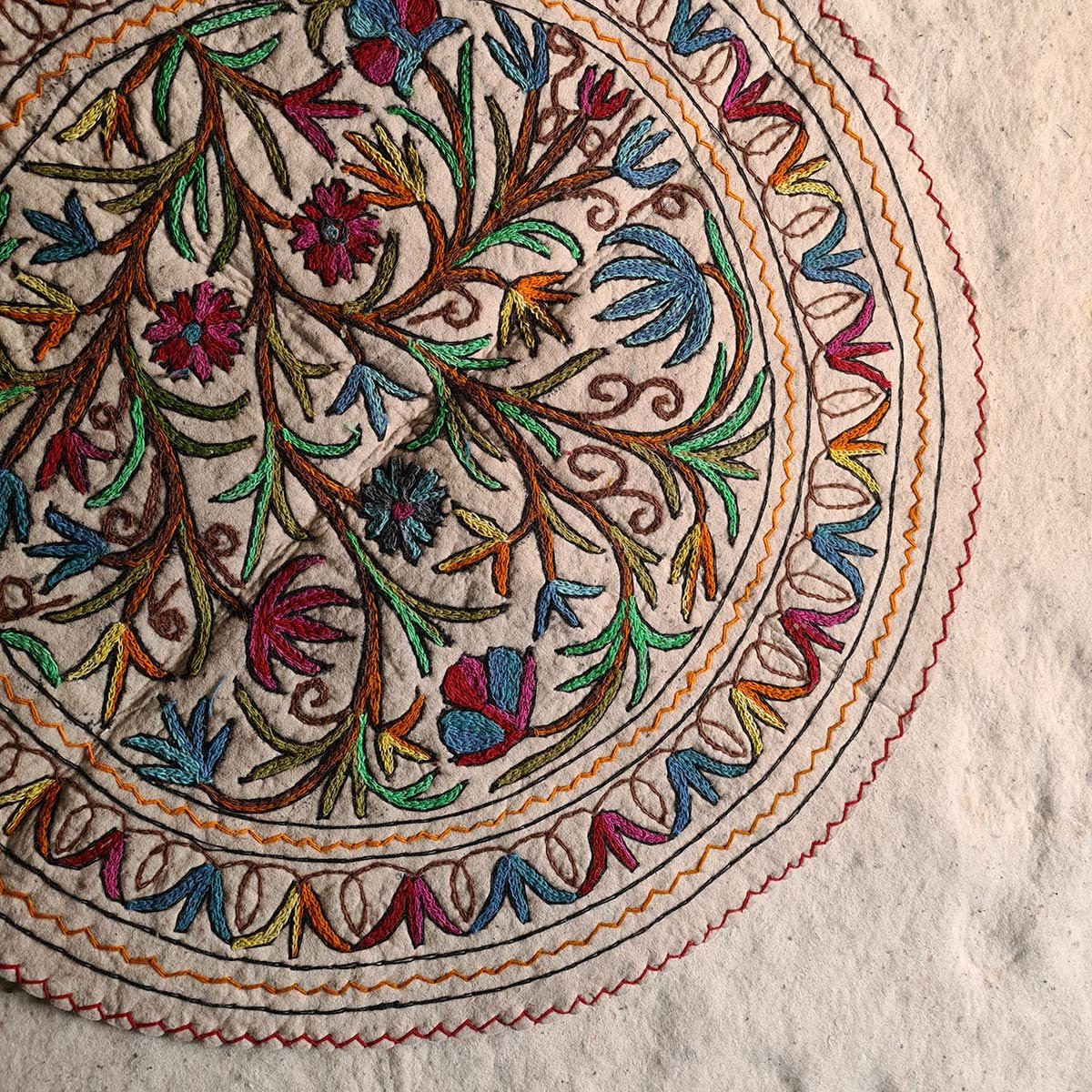 FLORAL DESIGN HANDMADE ROUND AARI EMBROIDERED NAMDA 4x4 FT