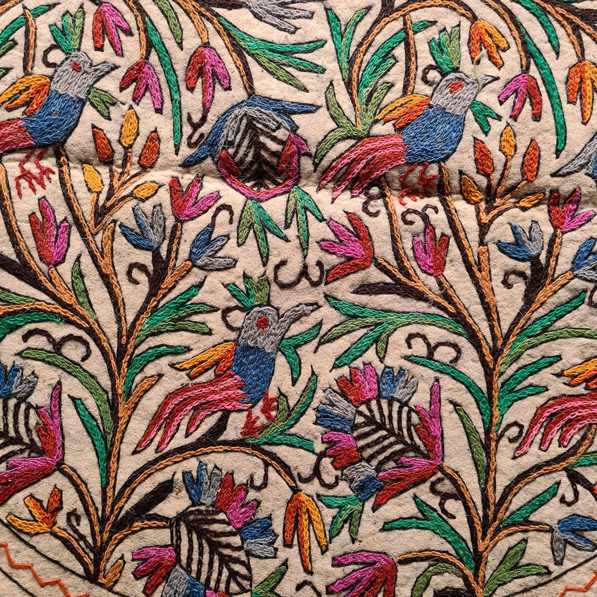 BIRDS ON TREE OF LIFE HANDMADE ROUND AARI EMBROIDERED NAMDA 4x4 FT