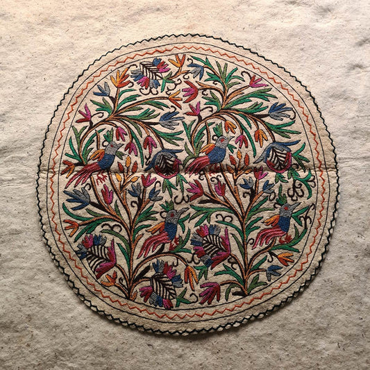 BIRDS ON TREE OF LIFE HANDMADE ROUND AARI EMBROIDERED NAMDA 4x4 FT