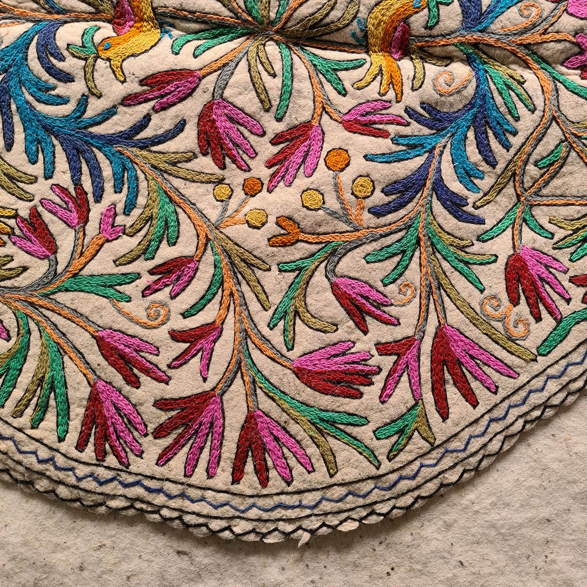 BIRDS ON TREE OF LIFE HANDMADE ROUND AARI EMBROIDERED NAMDA 4x4 FT