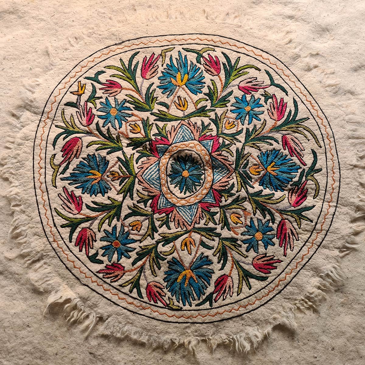 FLORAL DESIGN HANDMADE ROUND AARI EMBROIDERED NAMDA 4x4 FT