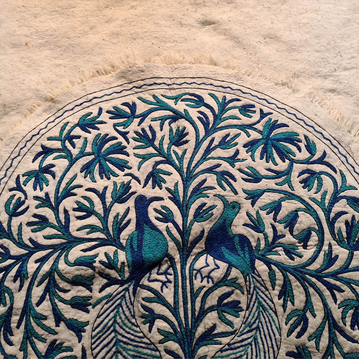 PEACOCK DESIGN HANDMADE ROUND AARI EMBROIDERED NAMDA 5x5 FT