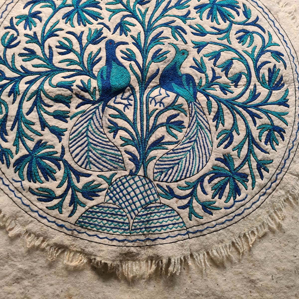 PEACOCK DESIGN HANDMADE ROUND AARI EMBROIDERED NAMDA 5x5 FT