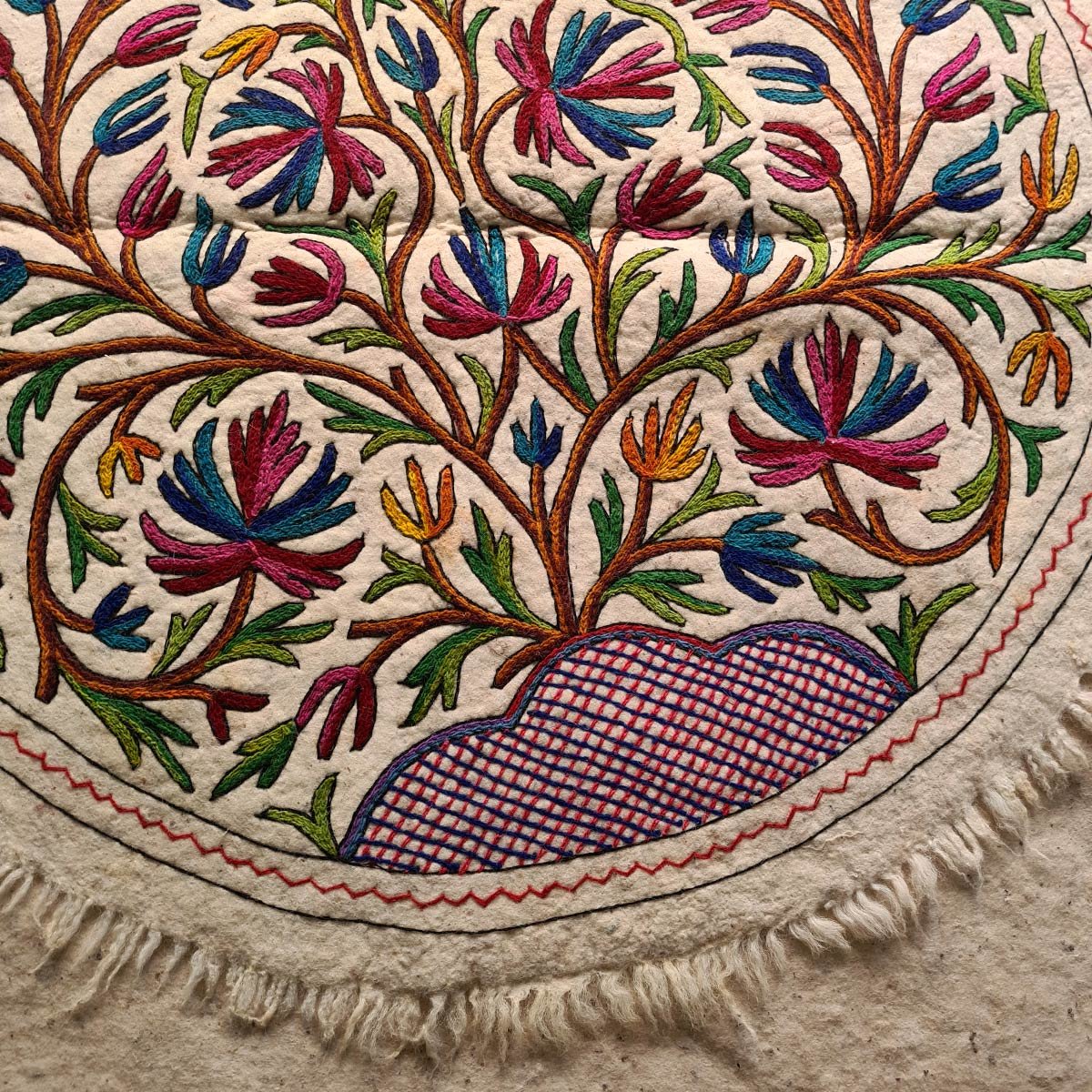 TREE OF LIFE HANDMADE ROUND AARI EMBROIDERED NAMDA 5x5 FT