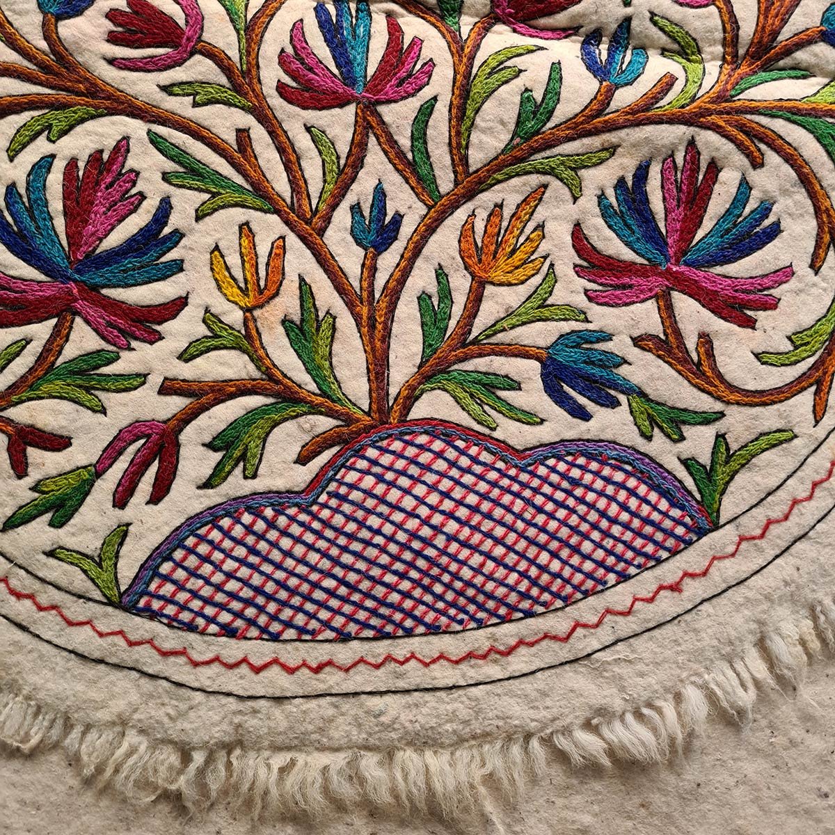 TREE OF LIFE HANDMADE ROUND AARI EMBROIDERED NAMDA 5x5 FT