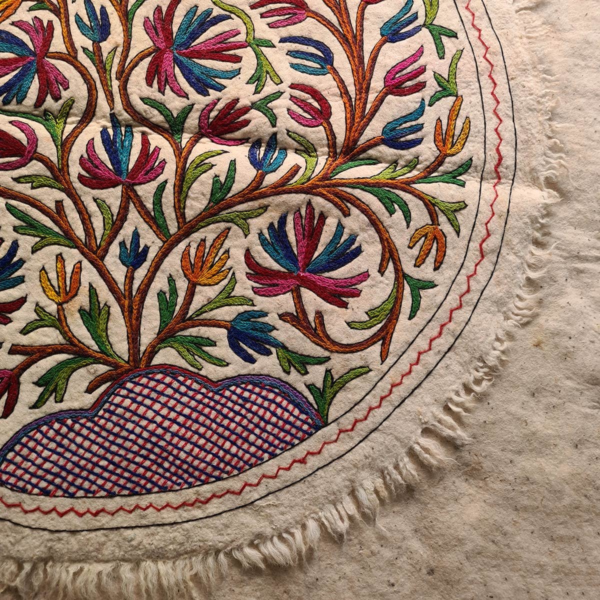 TREE OF LIFE HANDMADE ROUND AARI EMBROIDERED NAMDA 5x5 FT