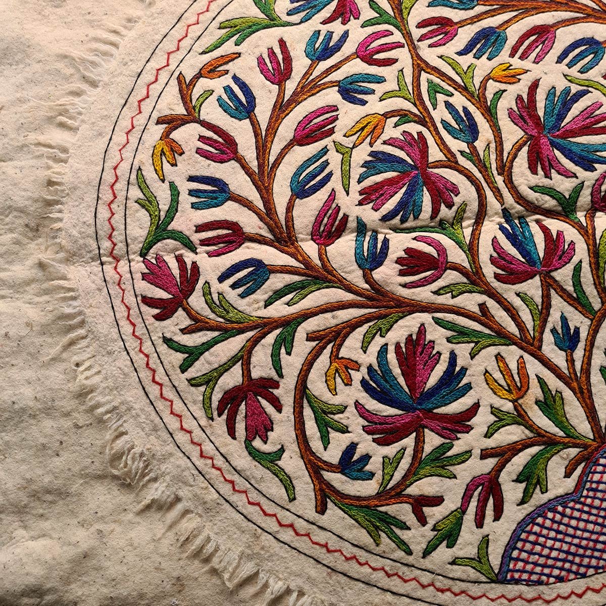 TREE OF LIFE HANDMADE ROUND AARI EMBROIDERED NAMDA 5x5 FT