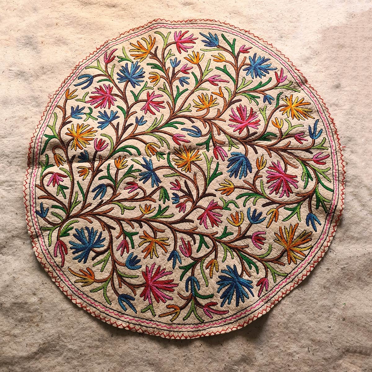 FLORAL DESIGN HANDMADE ROUND AARI EMBROIDERED NAMDA 5x5 FT