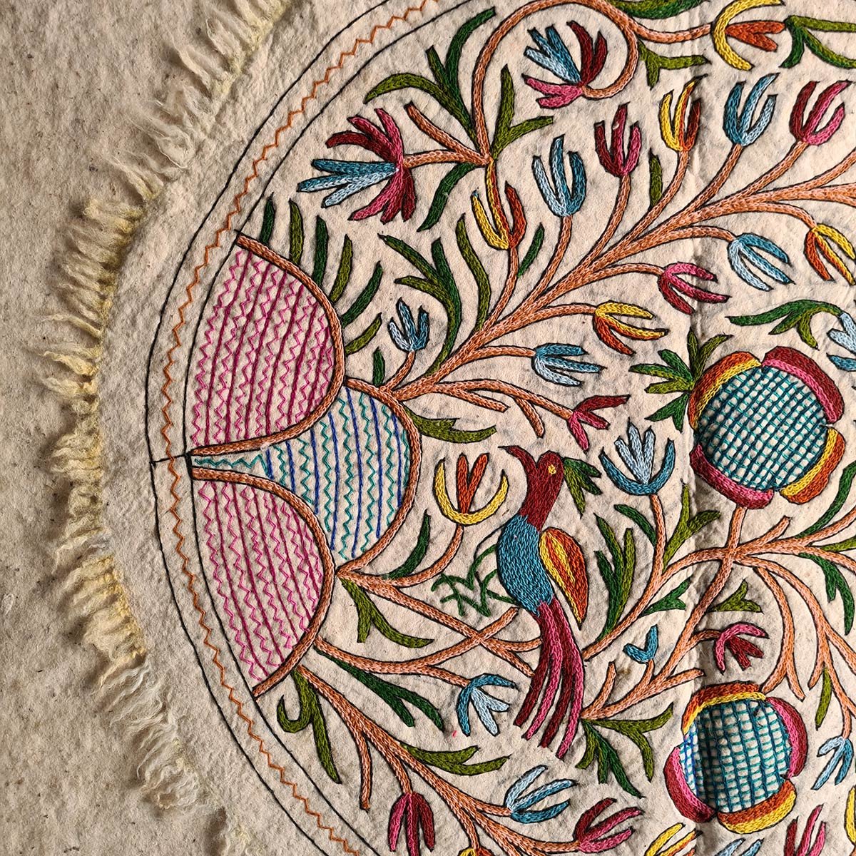 SUNFLOWER AND BIRDS HANDMADE ROUND AARI EMBROIDERED NAMDA 5x5 FT