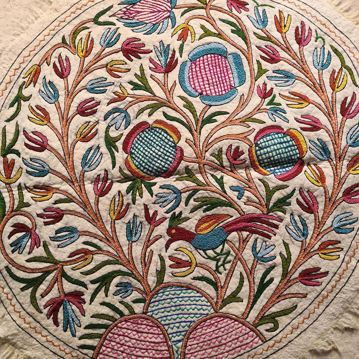 SUNFLOWER AND BIRDS HANDMADE ROUND AARI EMBROIDERED NAMDA 5x5 FT