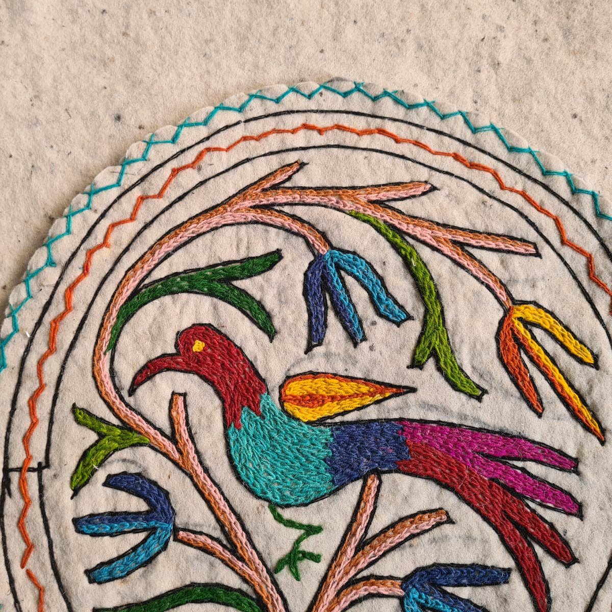 BIRD DESIGN HANDMADE ROUND AARI EMBROIDERED NAMDA 2X2 FT