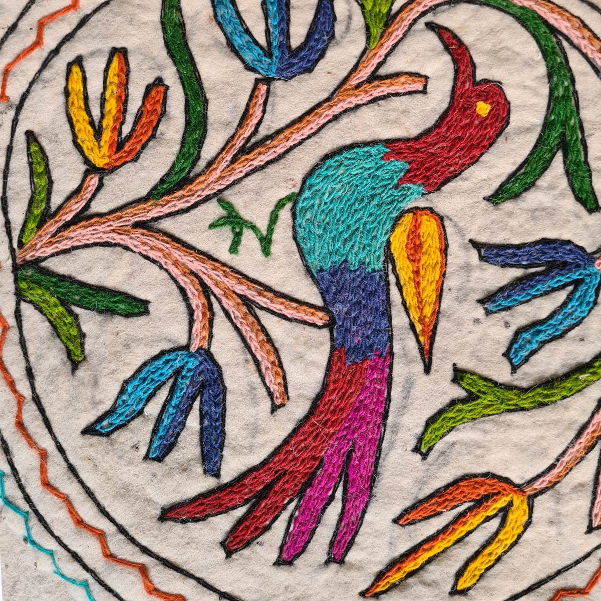 BIRD DESIGN HANDMADE ROUND AARI EMBROIDERED NAMDA 2X2 FT