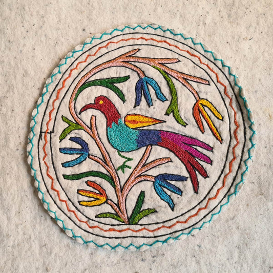 BIRD DESIGN HANDMADE ROUND AARI EMBROIDERED NAMDA 2X2 FT